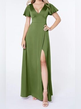 Azazie Olive Green Flutter-Sleeve V-Neck Gown with Beautiful Slit - NWT